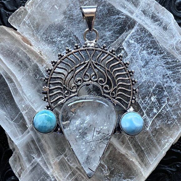 Larimar and Tourmalinated Quartz Boho Pendant - Picture 5 of 8